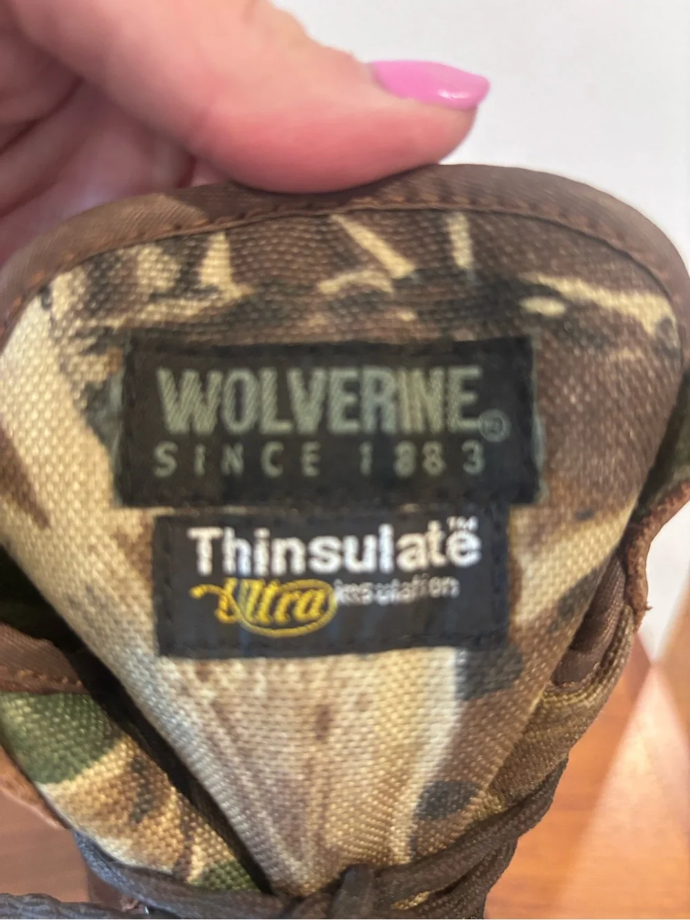 Wolverine size 12 Brown Leather Hunting Boots with Camo Collar